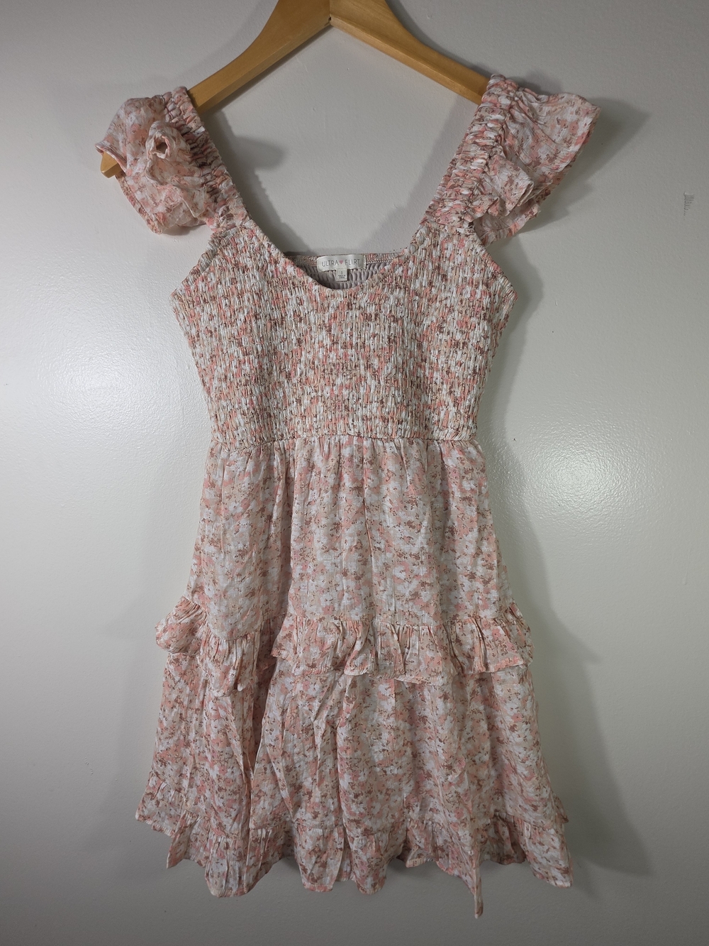 Ultra Flirt Pink Floral Smocked Ruffle Dress S